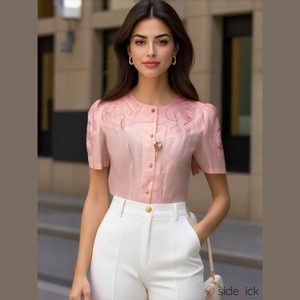 Vintage 1990's Cotton Pink Puff Sleeve Blouse with Bib Collar NWT
